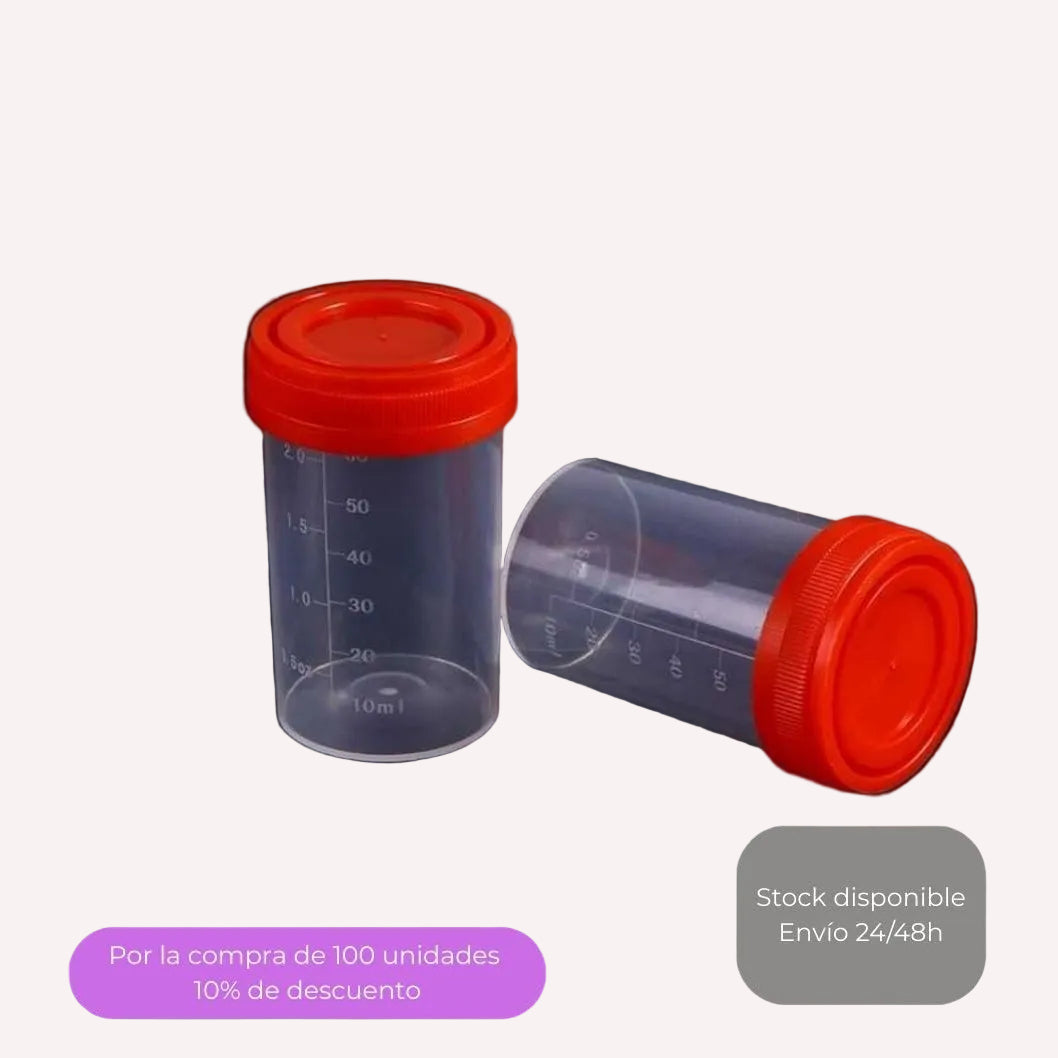 Contenedor de orina 60ml tapón rojo graduado Mevesur - Material laboratorio stock